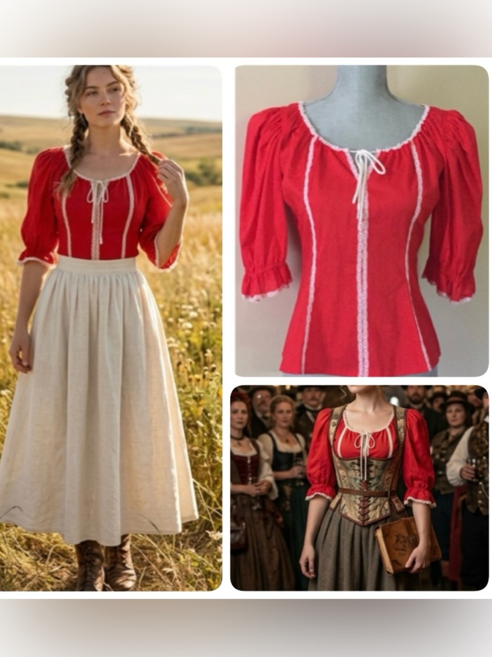 Vintage red blouse, white trim detail